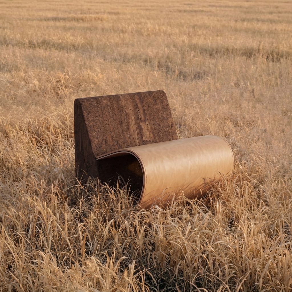 Hou Chair in golden grass, showing its cork backrest and curved saddle-leather seat
